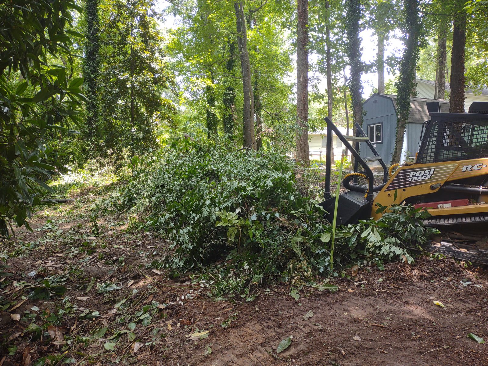 Forestry mulcher clearing brush along a fence line in Greenville, SC